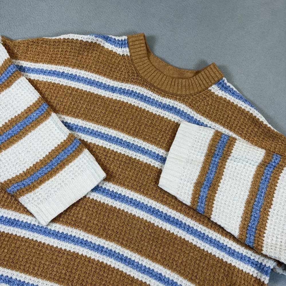 American Eagle Sweater Womens XL Brown Blue Stripe Waffle Knit Crewneck Cozy